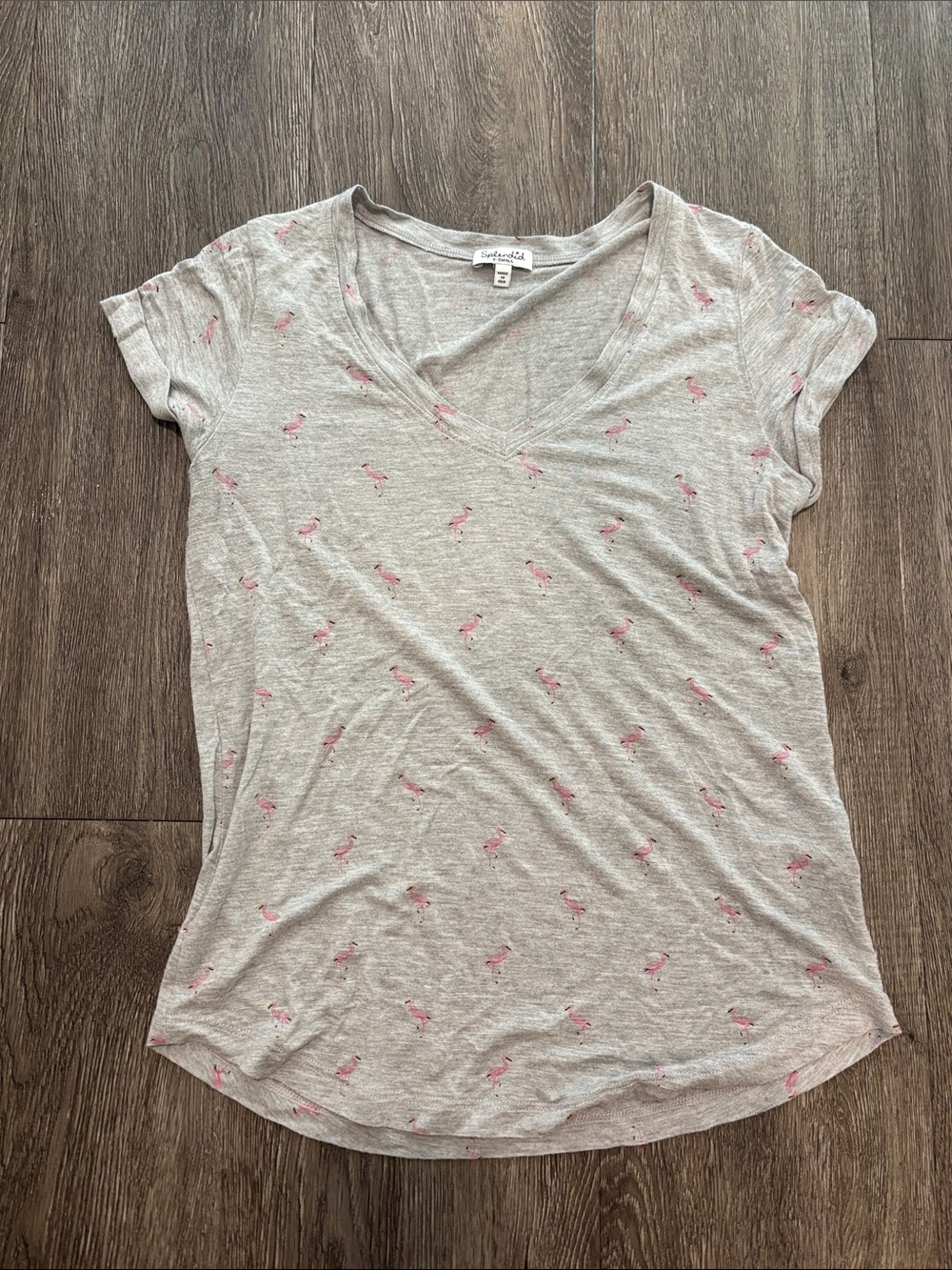 Light Gray V-Neck Tee with Pink Flamingo Print